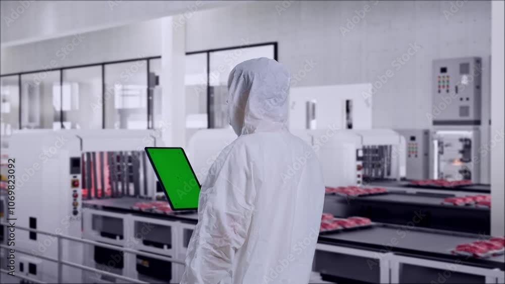 Back View Of Asian Male Food Factory Employee Use Green Screen Tablet While Standing With Conveyor Food Back View Of Asian Male Food Factory Employee Use Green Screen Tablet While Standing With Conveyor Food