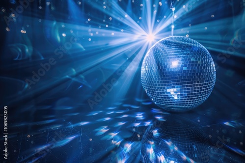 Disco ball shining in blue party background photo.
