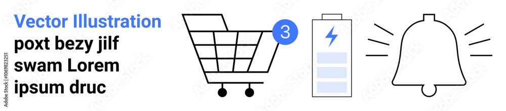 Shopping cart with item count indicator, battery status with power icon, and notification bell. Ideal for e-commerce, mobile apps, notifications, battery management, UX design, web interfaces Shopping cart with item count indicator, battery status with power icon, and notification bell. Ideal for e-commerce, mobile apps, notifications, battery management, UX design, web interfaces