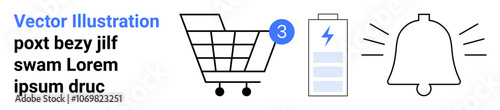 Shopping cart with item count indicator, battery status with power icon, and notification bell. Ideal for e-commerce, mobile apps, notifications, battery management, UX design, web interfaces