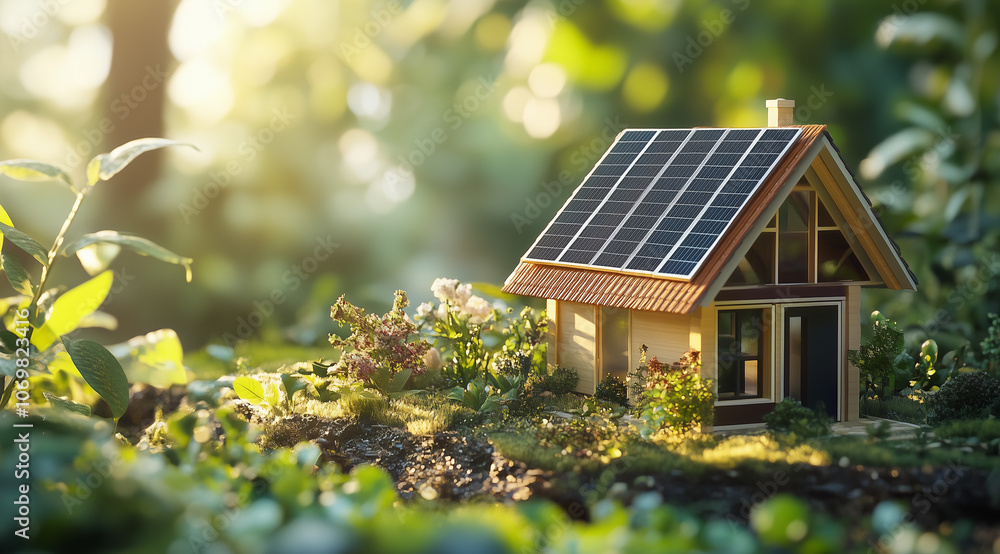 A miniature house with solar panels on the roof, surrounded by lush greenery and sunlight filtering through trees in a forest setting. A miniature house with solar panels on the roof, surrounded by lush greenery and sunlight filtering through trees in a forest setting.