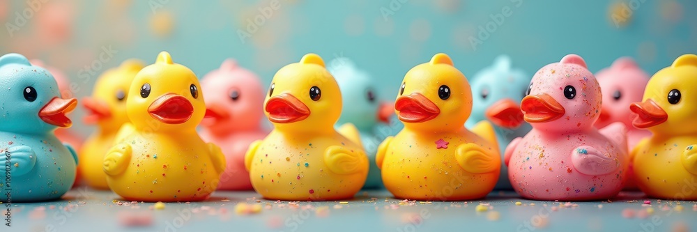 Charming collection of colorful rubber ducks against a playful backdrop, perfect for children's products, toys, and playful branding concepts. Charming collection of colorful rubber ducks against a playful backdrop, perfect for children's products, toys, and playful branding concepts.