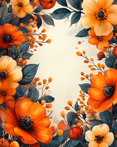 Wallpaper Mural Watercolor floral border frame with autumn flowers and foliage, warm orange, deep red, and golden yellow hues, rustic and cozy, loose and natural brushstrokes, fall season theme Torontodigital.ca