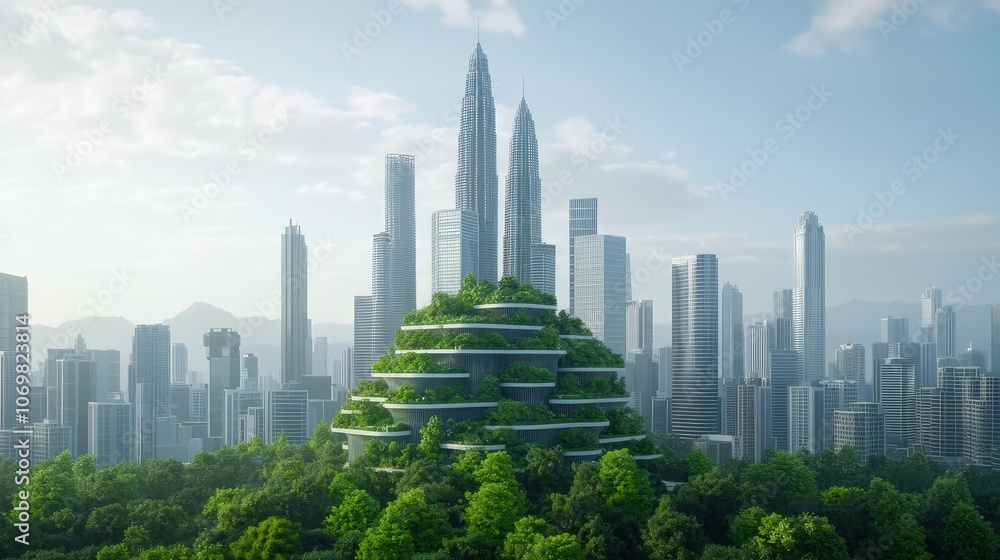 Obraz premium A Futuristic Cityscape with Lush Green Architecture and Skyscrapers