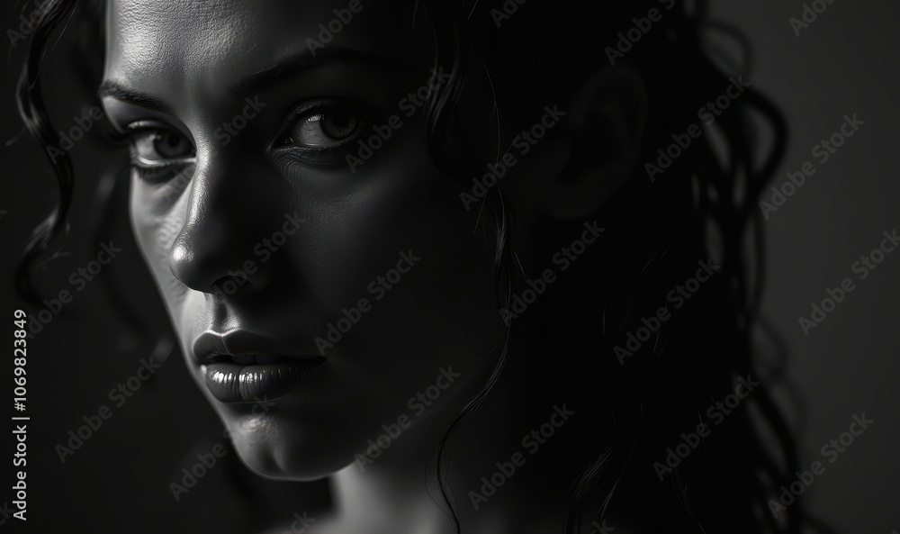 Fototapeta premium A striking black and white portrait highlighting the intense gaze and features of a young woman, perfect for beauty, fashion, or emotional storytelling themes.