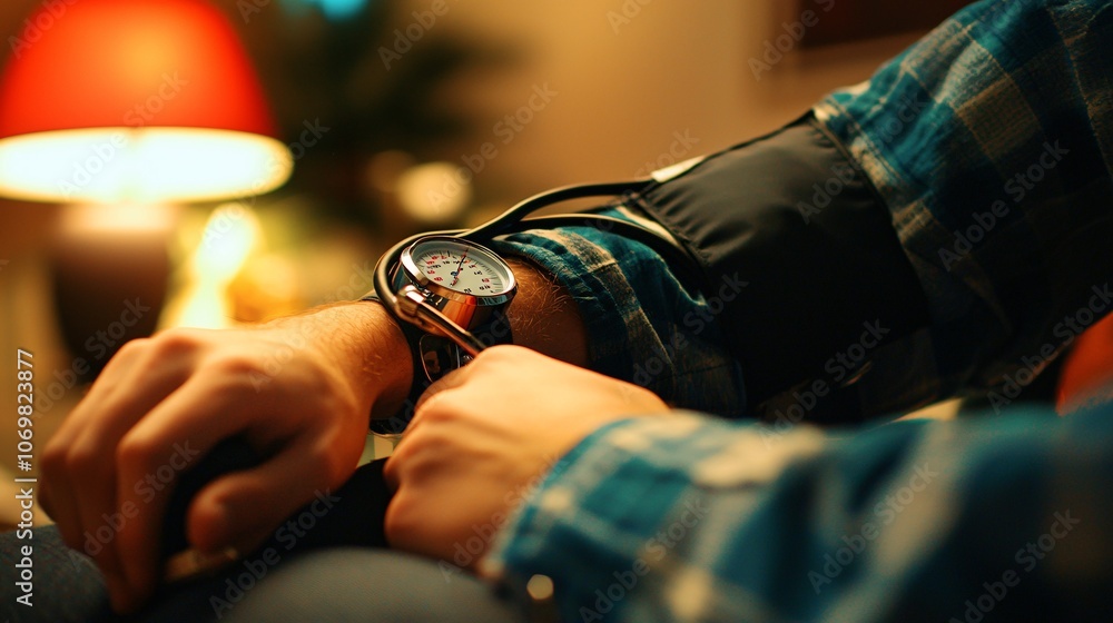 Closeup of a man taking his blood pressure at home. Closeup of a man taking his blood pressure at home.
