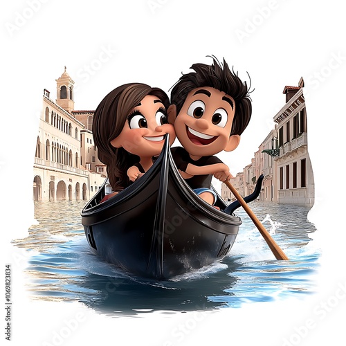 Cartoon Couple in Gondola in Venice