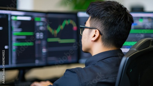 Focused Individual Analyzing Market Trends on Multiple Computer Screens