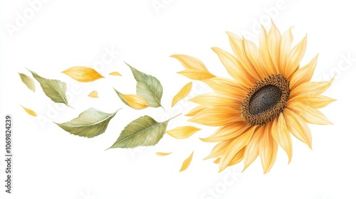 Watercolor Sunflower with Falling Petals: A delicate and vibrant watercolor illustration of a sunflower with falling petals, evoking feelings of warmth, sunshine, and summer.