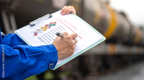 A worker is checking on chemical hazardous material checklist form with background of train tanker that prepare for transport. Industrial safety working practice concept, close-up and selective focus. photo