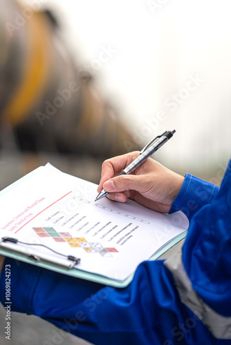 A worker is checking on chemical hazardous material checklist form with background of train tanker that prepare for transport. Industrial safety working practice concept, close-up and selective focus. photo