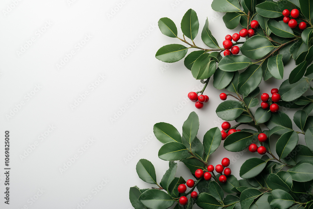 Holly leaves with red berries on white background Holly leaves with red berries on white background