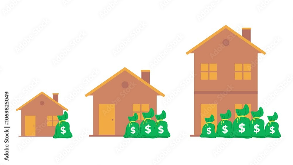 Increasing property investment concept with houses and money bags video motion design Increasing property investment concept with houses and money bags video motion design