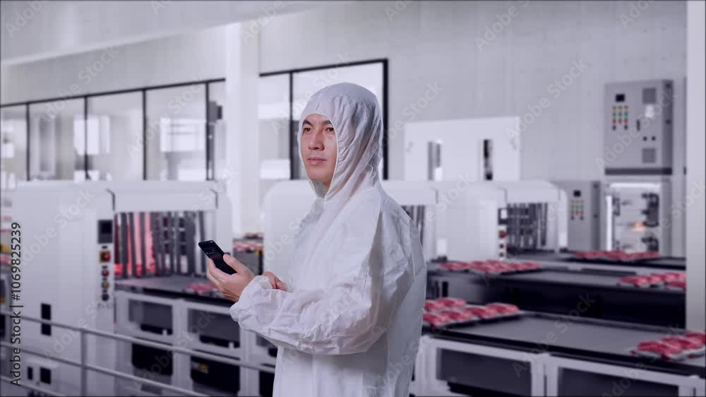 Side View Of Asian Male Food Factory Employee Using Smartphone And Look Around While Standing With Conveyor Food Side View Of Asian Male Food Factory Employee Using Smartphone And Look Around While Standing With Conveyor Food
