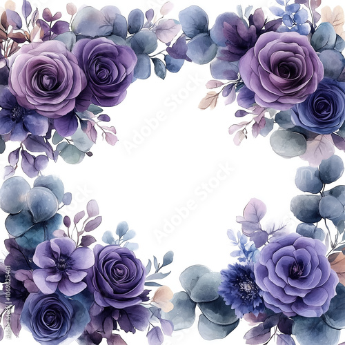Wallpaper Mural Watercolor floral border - frame. Violet flowers and eucalyptus greenery illustration isolated on transparent background. Purple roses, lilac peony for wedding stationary Torontodigital.ca