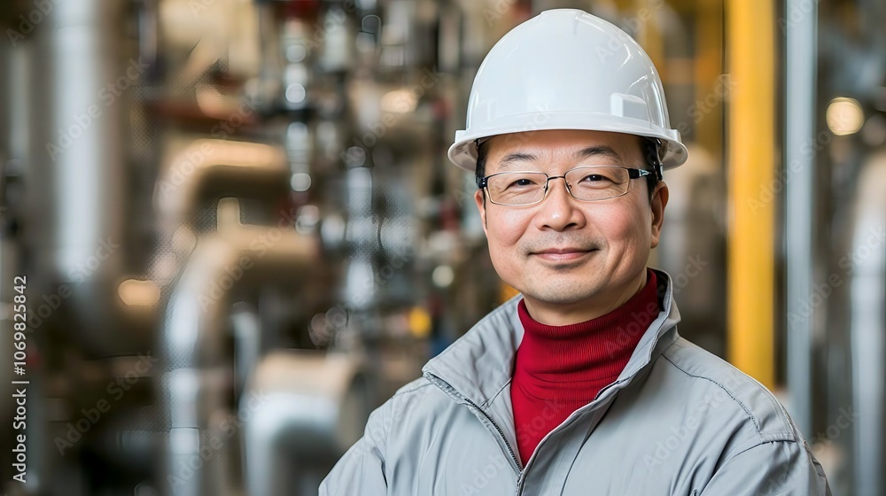Industrial worker in hard hat, confident expression, refinery background Industrial worker in hard hat, confident expression, refinery background