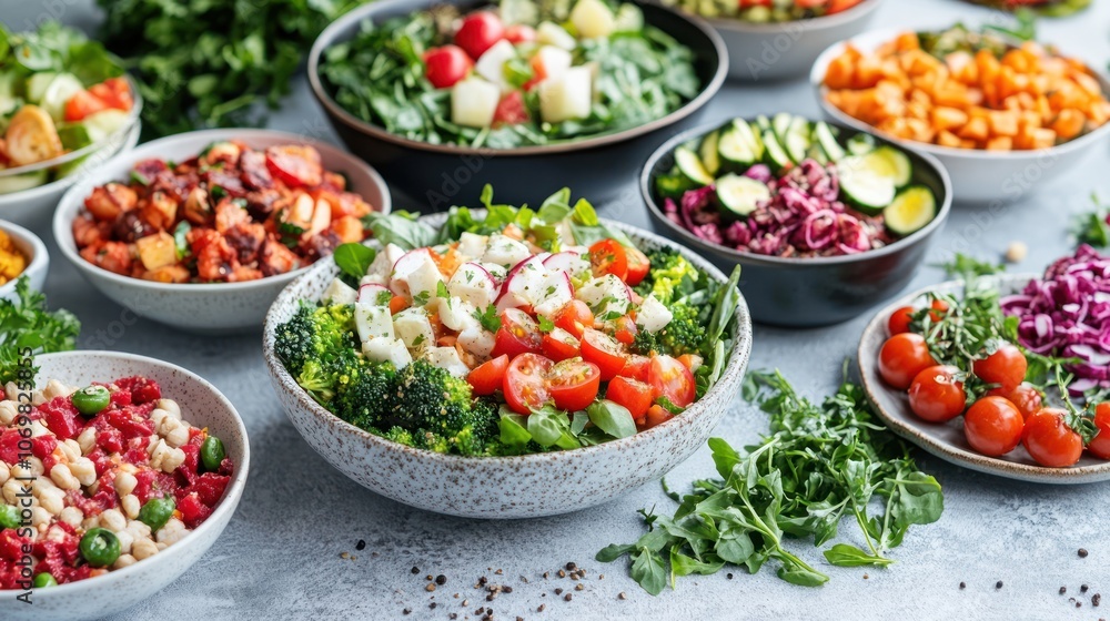 A Variety of Fresh and Colorful Salads A Variety of Fresh and Colorful Salads
