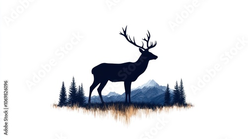 Wildlife Landscape Panorama with Deer Silhouette and Fir Trees - Vector Illustration for Camping and Logo Design on White Background