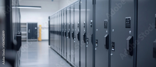 A series of sleek, modern lockers line the walls of a spacious hallway, illuminated by natural light filtering in from nearby windows