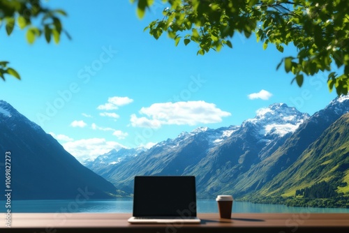 Freelancer embraces workcation bliss at a scenic riverbank cafe with majestic mountains photo