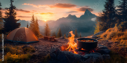 Wallpaper Mural Campfire camp in the morning/evening glow, with delicious food in the cookware on the campfire. Outdoor supplies, travel, hiking, business poster, background, wallpaper, camping, picnic, campfire Torontodigital.ca