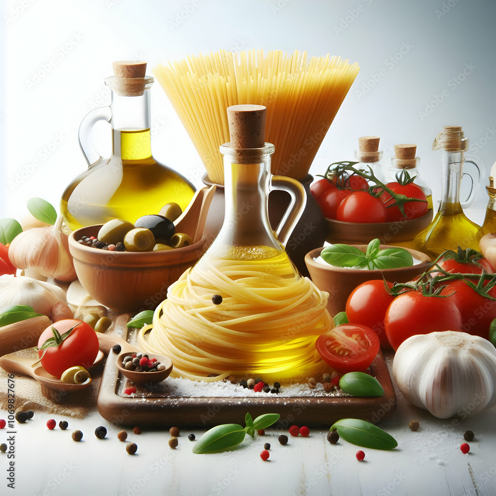 Spaghetti and Olive Oil concept as Spaghetti drizzled with olive oil creating a gourmet scene isolated on a white background ideal for Mediterranean themes. in Photo Stock Concept Spaghetti and Olive Oil concept as Spaghetti drizzled with olive oil creating a gourmet scene isolated on a white background ideal for Mediterranean themes. in Photo Stock Concept