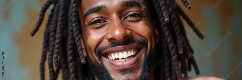Happy man with dreadlocks smiling against a colorful backdrop, conveying joy and positivity. Ideal for lifestyle, beauty, and wellness themes. Happy man with dreadlocks smiling against a colorful backdrop, conveying joy and positivity. Ideal for lifestyle, beauty, and wellness themes.