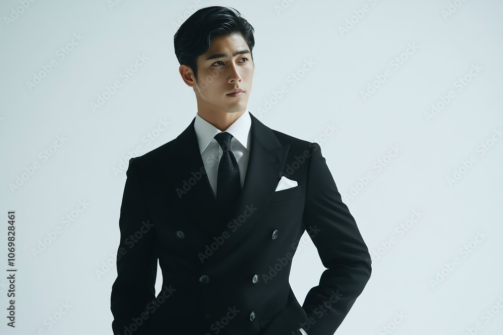 Asian male model in black suit, studio shot, clean white background, professional look Asian male model in black suit, studio shot, clean white background, professional look