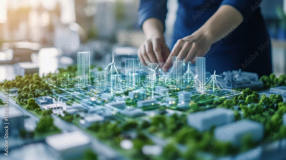 Fototapeta premium Engineer plans sustainable city project urban design carbon neutral buildings renewable energy climate resilience