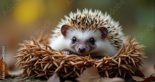 Adorable hedgehog nestled in leaves