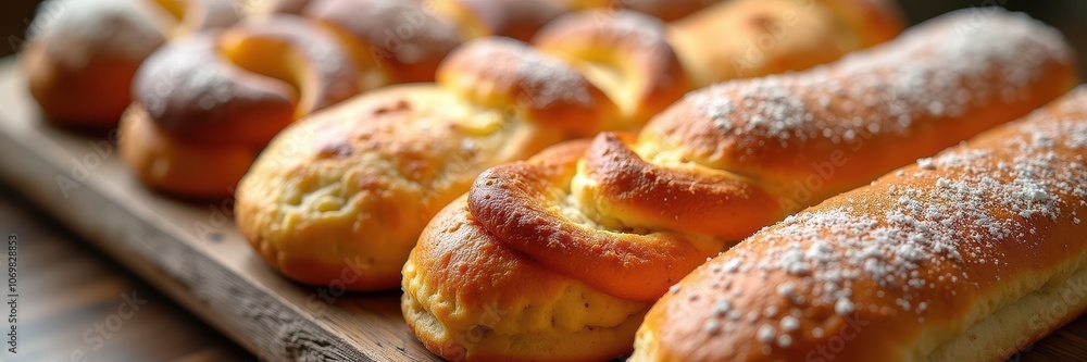 Freshly baked pastries on a wooden board, showcasing delicious golden-brown bread rolls, perfect for bakery menus, food blogs, and culinary promotions. Freshly baked pastries on a wooden board, showcasing delicious golden-brown bread rolls, perfect for bakery menus, food blogs, and culinary promotions.