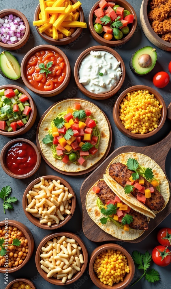 A vibrant spread of fresh ingredients for tacos, showcasing bowls of toppings like salsa, cheese, and vegetables. Perfect for food blogs, restaurants, or catering services. A vibrant spread of fresh ingredients for tacos, showcasing bowls of toppings like salsa, cheese, and vegetables. Perfect for food blogs, restaurants, or catering services.