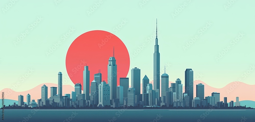 Fototapeta premium A vibrant vector skyline illustration featuring iconic skyscrapers against a bold sun, perfect for urban development, travel, and architectural themes.