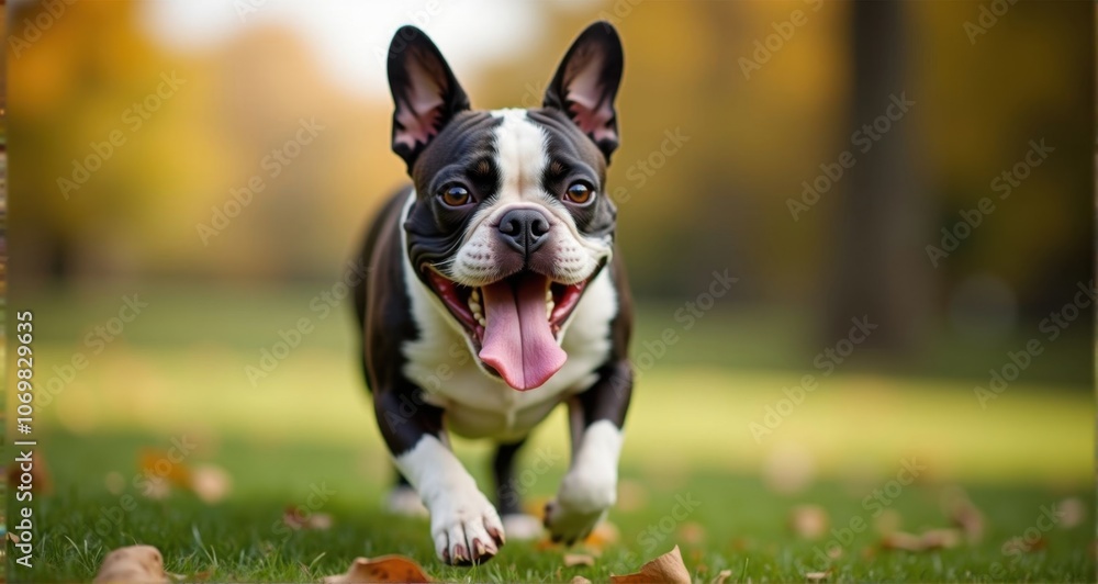Happy French Bulldog running outdoors Happy French Bulldog running outdoors
