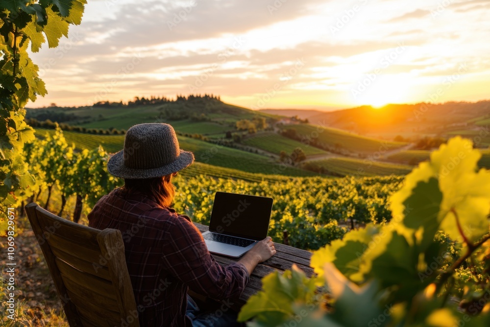 Fototapeta premium Experience workcation bliss while networking as a remote worker in a scenic vineyard landscape