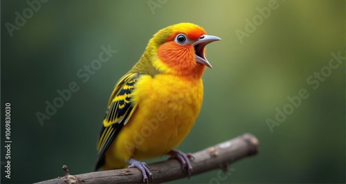 Vibrant yellow bird calling in nature