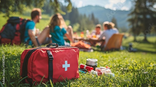 Red First Aid Kit in Grass.