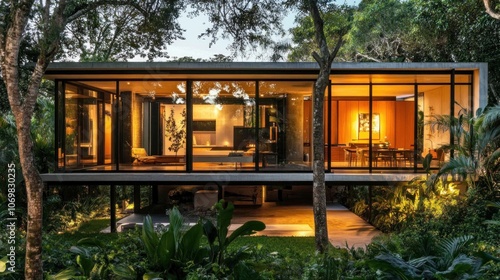 Modern minimalist house with large glass windows, surrounded by lush greenery, sunset lighting