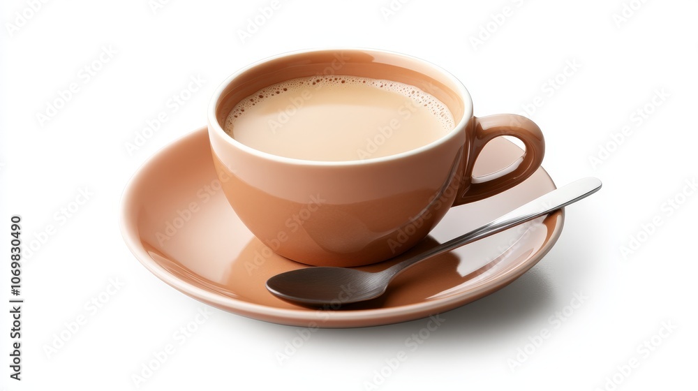 Milk coffee on a ceramic plate with a spoon, isolated for a warm and cozy feel Milk coffee on a ceramic plate with a spoon, isolated for a warm and cozy feel