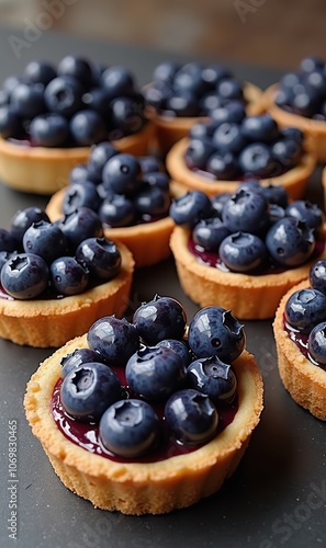 Delicious blueberry tarts topped with fresh blueberries, perfect for dessert menus, bakery promotions, and food photography.