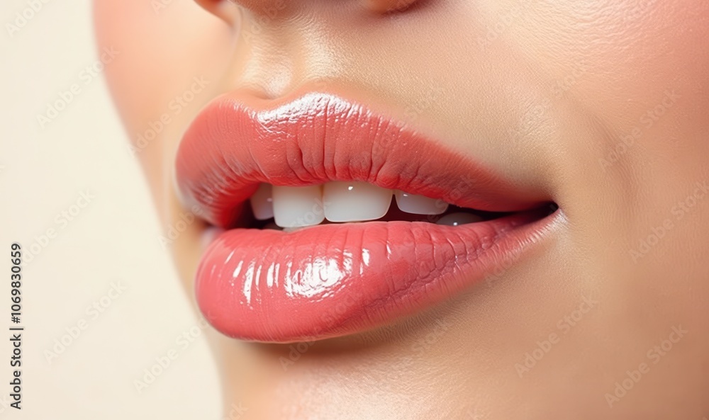 Fototapeta premium Close-up of beautifully groomed lips with a glossy finish, perfect for beauty, cosmetics, or skincare promotions.