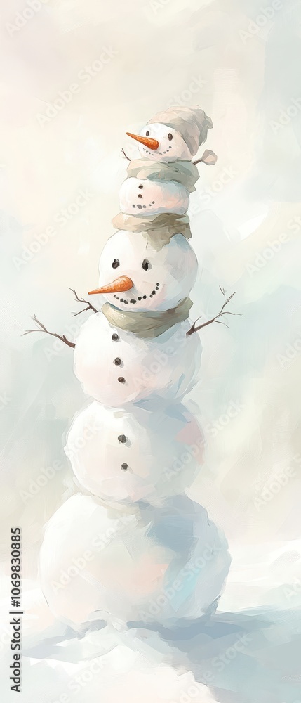 Snowy Family Stack: A charming illustration of three snowmen stacked on top of each other, radiating warmth and winter cheer. The smallest snowman wears a cozy hat. Snowy Family Stack: A charming illustration of three snowmen stacked on top of each other, radiating warmth and winter cheer. The smallest snowman wears a cozy hat.
