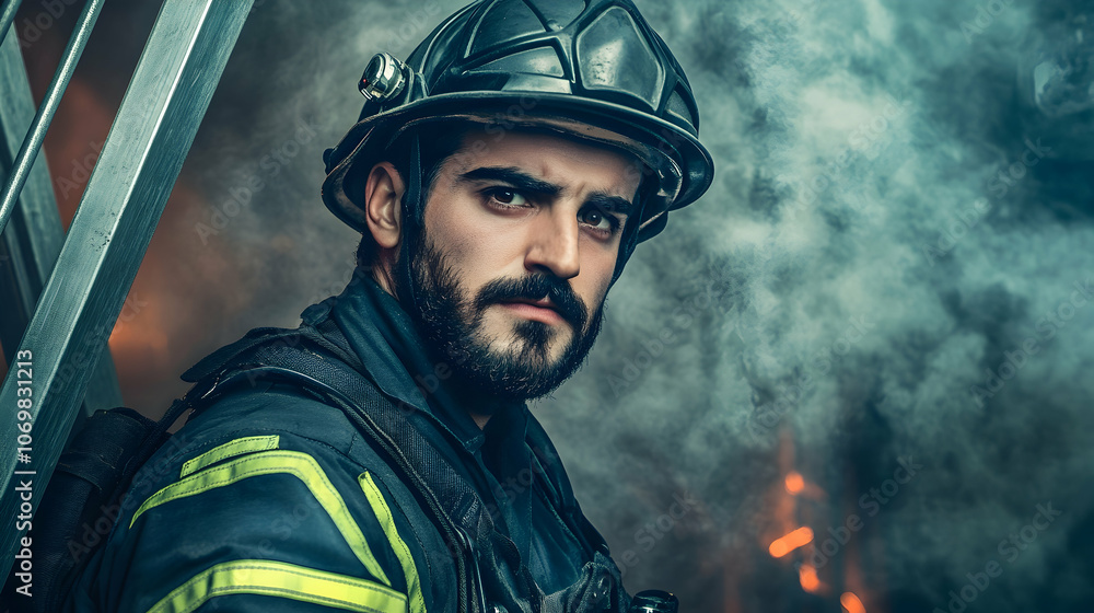 Intense firefighter portrait in smoke-filled background, heroic pose, dramatic lighting Intense firefighter portrait in smoke-filled background, heroic pose, dramatic lighting