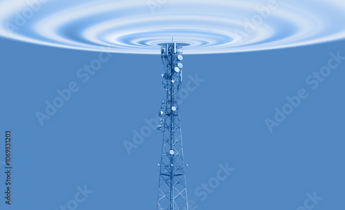 Antenna tower of telecommunication and Phone base station with TV and wireless internet antennas 