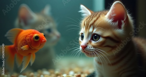 Curious orange tabby kitten mesmerized by goldfish photo