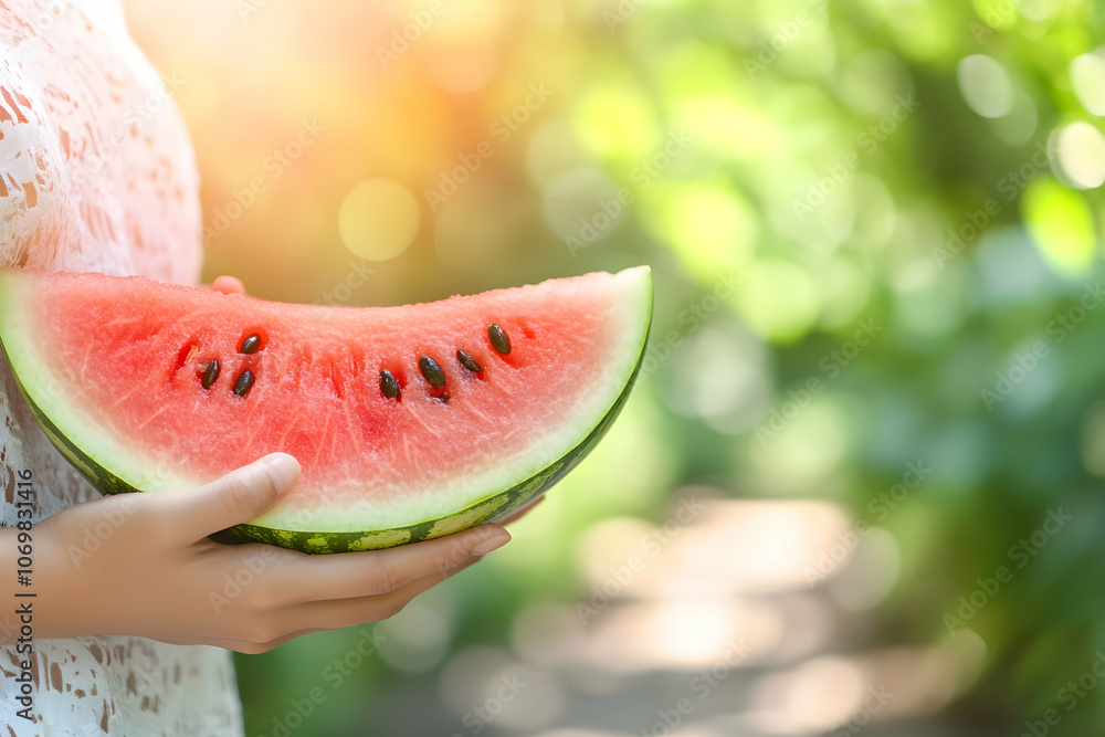 Close-up of juicy watermelon slice in hands, white summer dress, vibrant red flesh Close-up of juicy watermelon slice in hands, white summer dress, vibrant red flesh