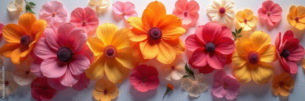 Fototapeta premium Paper cut flowers in pink, orange and yellow fill a wide band on a pale background. Concept of florist website headers, wallpaper and textile prints, greeting card printing, and spring sale banners.