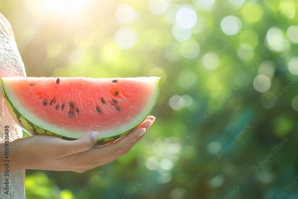 Close-up of juicy watermelon slice in hands, white summer dress, vibrant red flesh Close-up of juicy watermelon slice in hands, white summer dress, vibrant red flesh