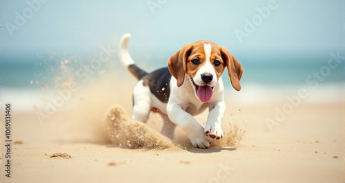 Playful beagle puppy running on beach