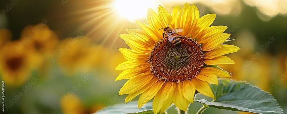 Fototapeta premium Sunlit Sunflower with Bee.